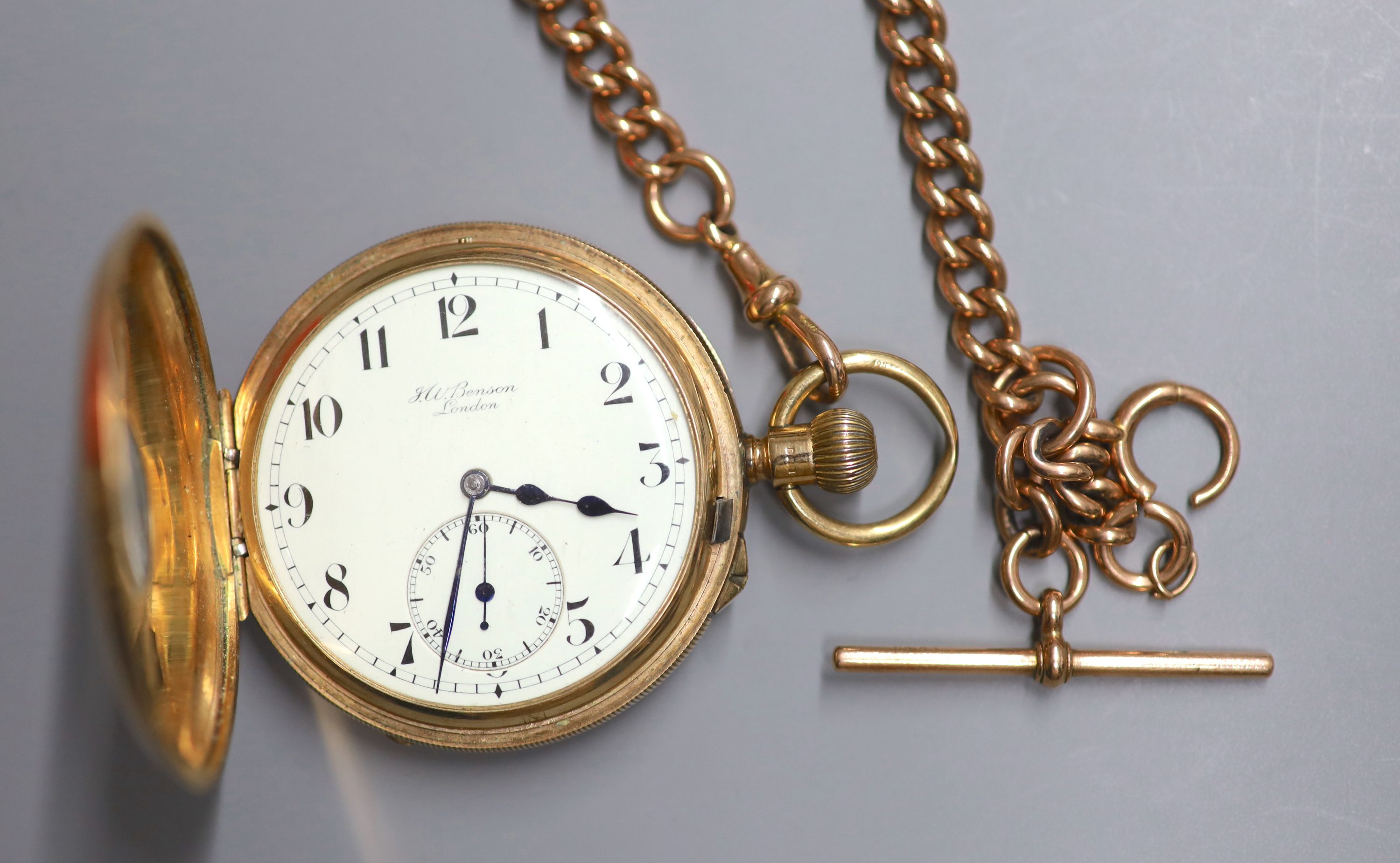 A George V 9ct gold half hunter keyless lever pocket watch The Field by J.W. Benson, together with a 9ct gold albert,